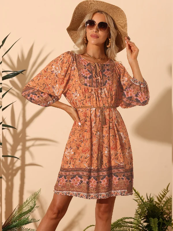 Boho Floral Casual 3/4 Sleeve Loose Short Mini Beach Dress Off-the-shoulder Chic Trendy