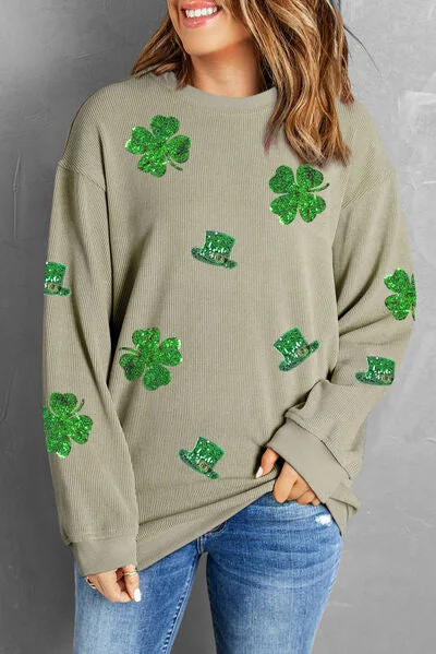 Hazel Blues® |  Lucky Clover Sequin Round Neck Sweatshirt Hoodie with Monochrome Minimalist Simple