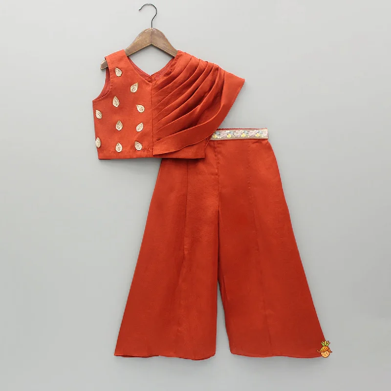 Pre Order: Leaf Adorned Rust Crop Top And Flared Palazzo Chenille Brocade Lace