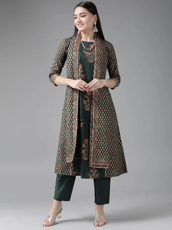 Women's Bottle Green Printed Straight Kurta Trouser With Dupatta Set - Indo Era Cropped Trousers Casual Linen Women's Bottle Green Printed Straight Kurta Trouser With Dupatta Set - Indo Era Cropped Trousers Casual Linen