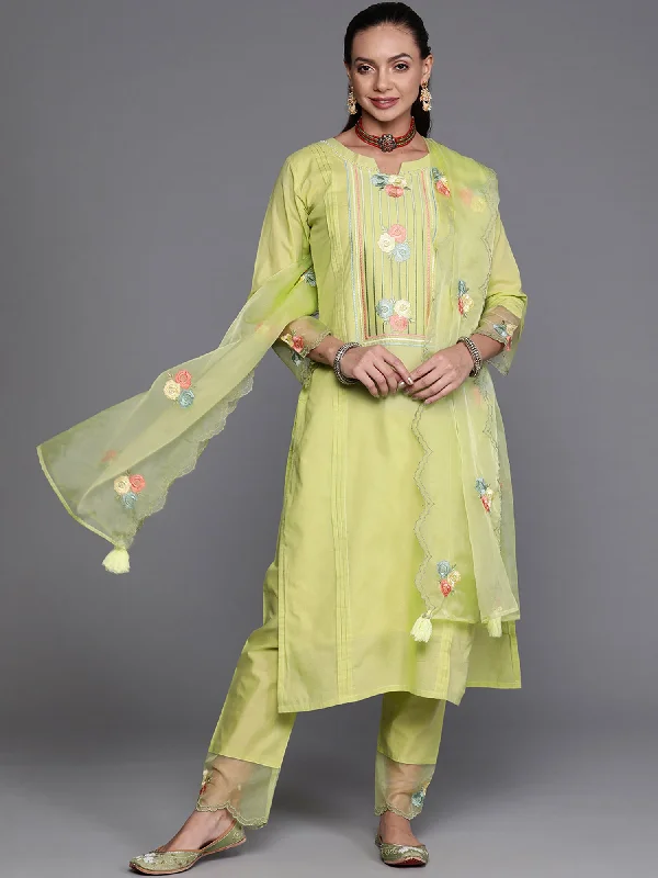 Women's Green Floral Embroidered Straight Kurta Trouser With Dupatta Set - Indo Era Trousers Custom Made