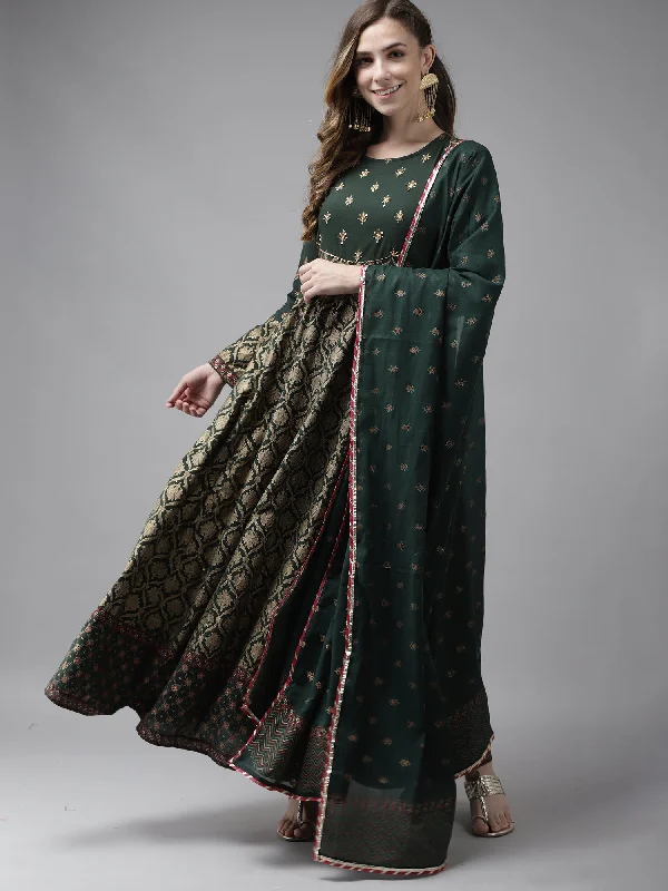 Women's Green Printed A-Line Kurta Trouser With Dupatta Set  - Indo Era Trousers New Arrival