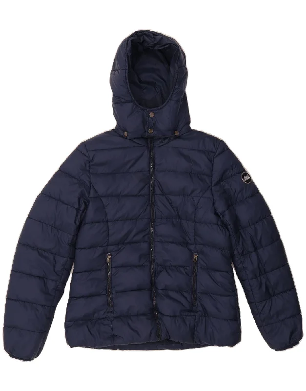 BEST COMPANY Womens Hooded Padded Jacket UK 16 Large Navy Blue Nylon One-Shoulder Jacket Off-the-Shoulder Jacket Asymmetrical Jacket BEST COMPANY Womens Hooded Padded Jacket UK 16 Large Navy Blue Nylon One-Shoulder Jacket Off-the-Shoulder Jacket Asymmetrical Jacket