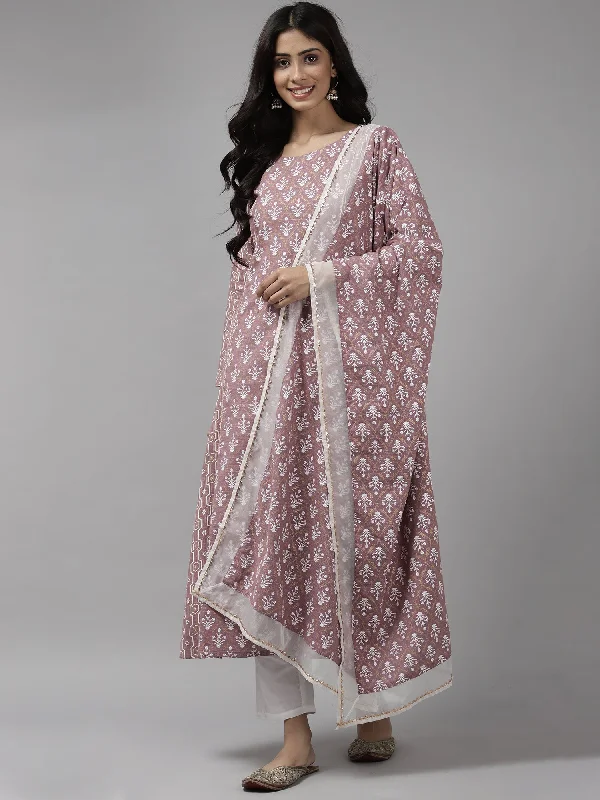 Women's Lavender Foil Printed A-Line Kurta Trouser With Dupatta Set - Indo Era Trousers Denim Distressed Women's Lavender Foil Printed A-Line Kurta Trouser With Dupatta Set - Indo Era Trousers Denim Distressed