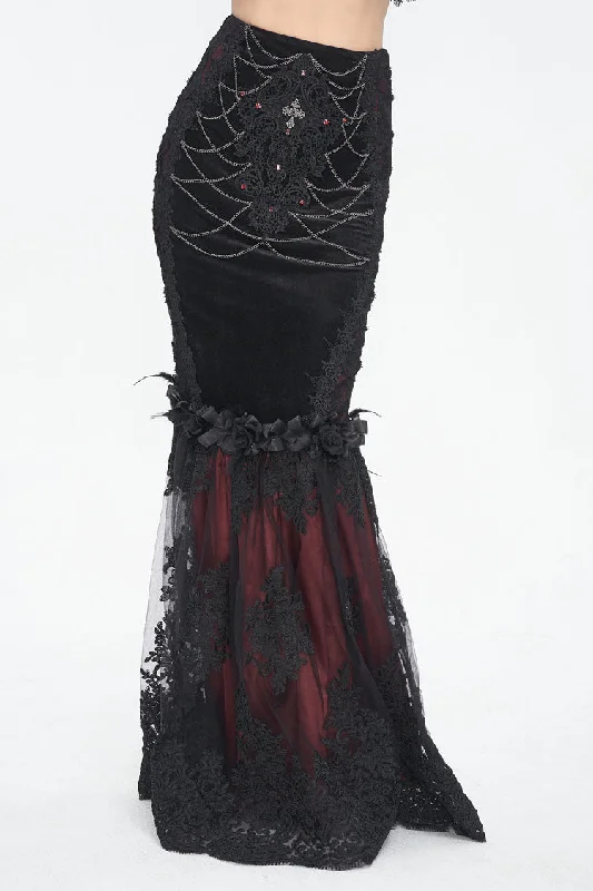 Black/Red High Waisted Embroidery Stitching Lace Women's Gothic Skirt velvet skirt luxury Black/Red High Waisted Embroidery Stitching Lace Women's Gothic Skirt velvet skirt luxury