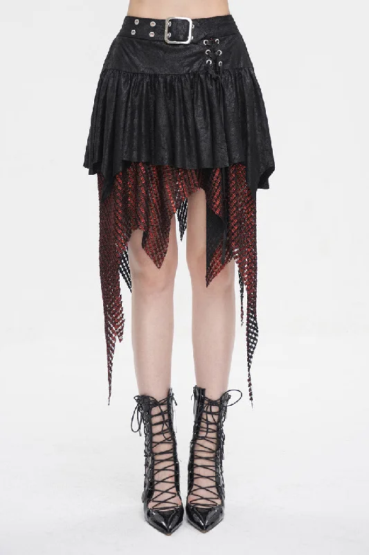 Red/Black Lrregular Mesh Splice Buckle Women's Gothic Skirt denim skirt durable