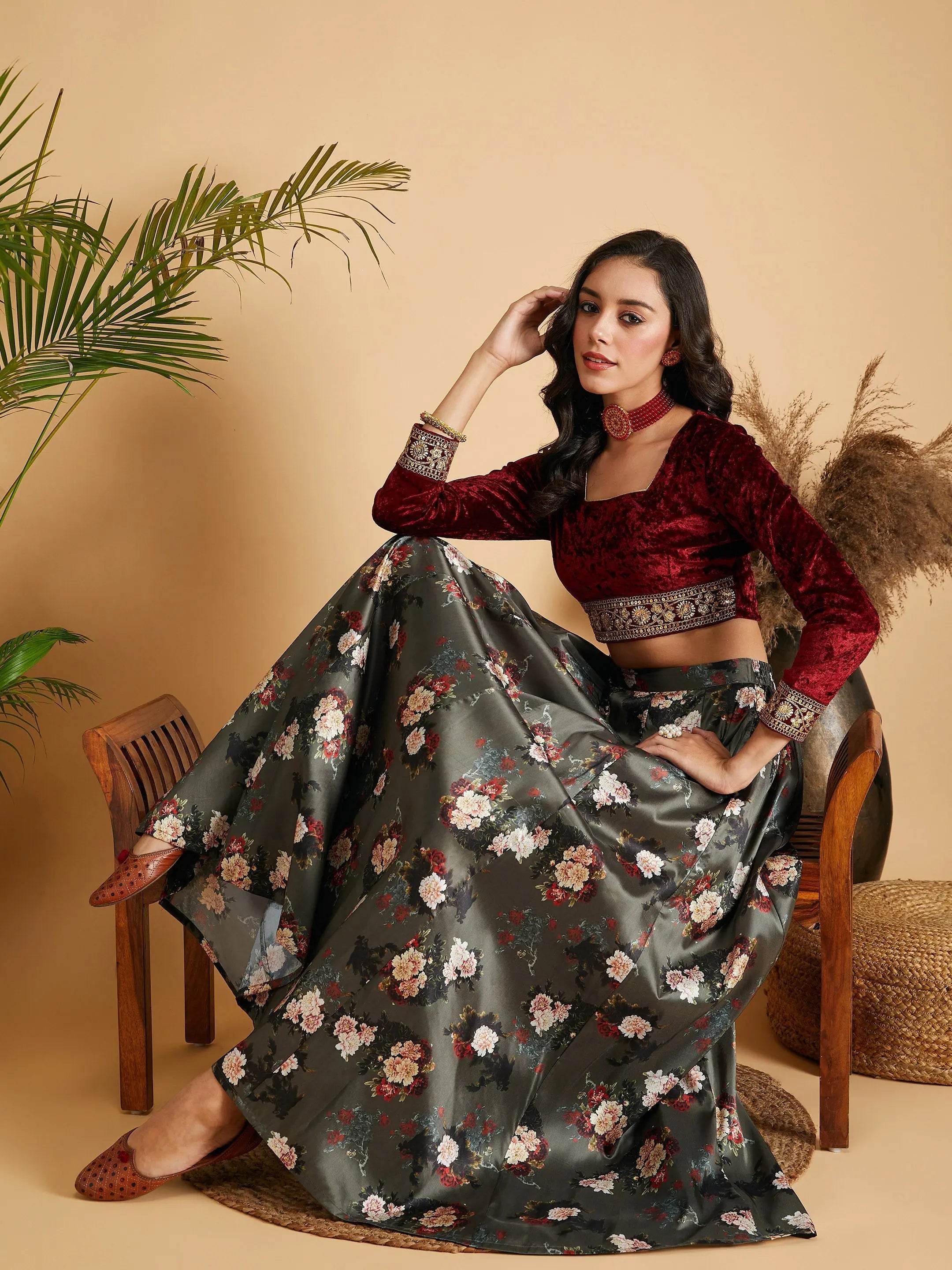 Women Olive Floral Skirt With Maroon Velvet Full Sleeves Crop Top Wool Fabric Cashmere Fabric Tweed Fabric