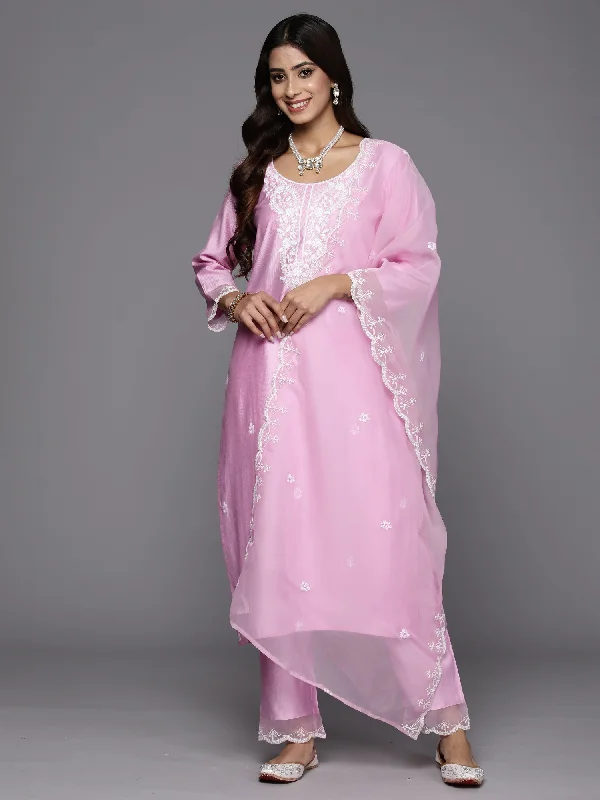 Women's Lavender Embroidered Straight Kurta Trousers With Dupatta Set - Indo Era Trousers Party Sparkling