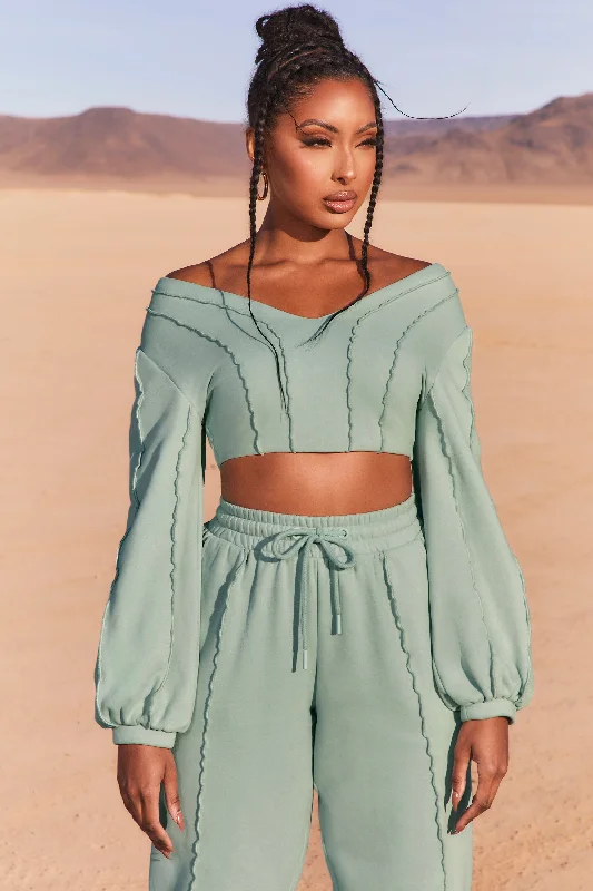 Uncovered Exposed Seam Bardot Crop Top in Blue Jersey Fabric Tulle Fabric Batik Fabric