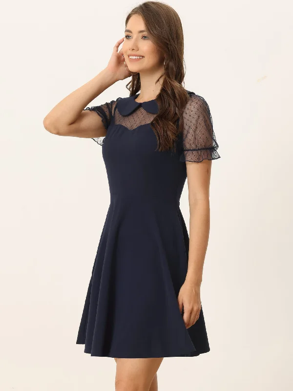 Retro Peter Pan Collar Mesh Panel Vintage Cocktail Dress Turtleneck Warm Winter
