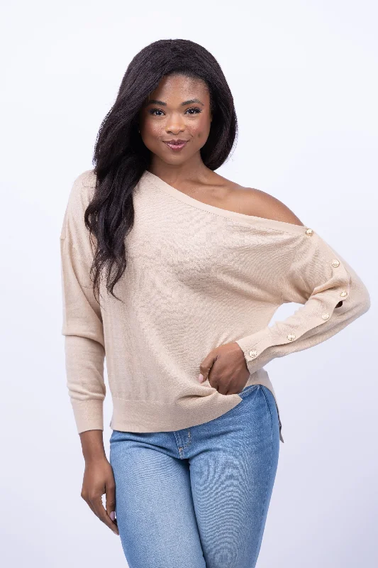 L'AGENCE Ledger Off The Shoulder Sweater in Almond High Neck Crew Neck V-Neck