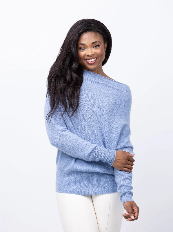 Brochu Walker Lori Off Shoulder Cashmere Sweater in Air Blue Melange Mesh Sweater Canvas Denim