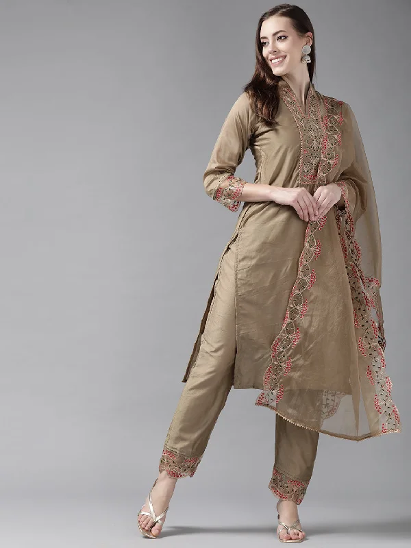 Women's Beige Blue Embroidered Straight Kurta Trouser With Dupatta Set - Indo Era Trousers Sale Discount Women's Beige Blue Embroidered Straight Kurta Trouser With Dupatta Set - Indo Era Trousers Sale Discount