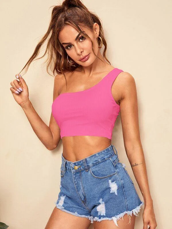 Neon Pink One Shoulder Rib-knit Crop Top Boxy Fit Fitted Loose