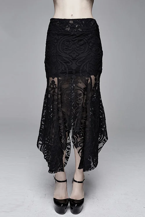 Black Irregular Hem Court Flocking Printed Mesh Sexy Package Hip Fishtail Gothic Skirt denim skirt casual Black Irregular Hem Court Flocking Printed Mesh Sexy Package Hip Fishtail Gothic Skirt denim skirt casual