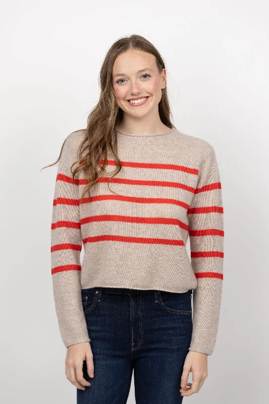 White + Warren Cashmere Featherweight Roll Trim Crew Sweater in Sandwisp/Scarlet Transparent Opaque Sheer White + Warren Cashmere Featherweight Roll Trim Crew Sweater in Sandwisp/Scarlet Transparent Opaque Sheer