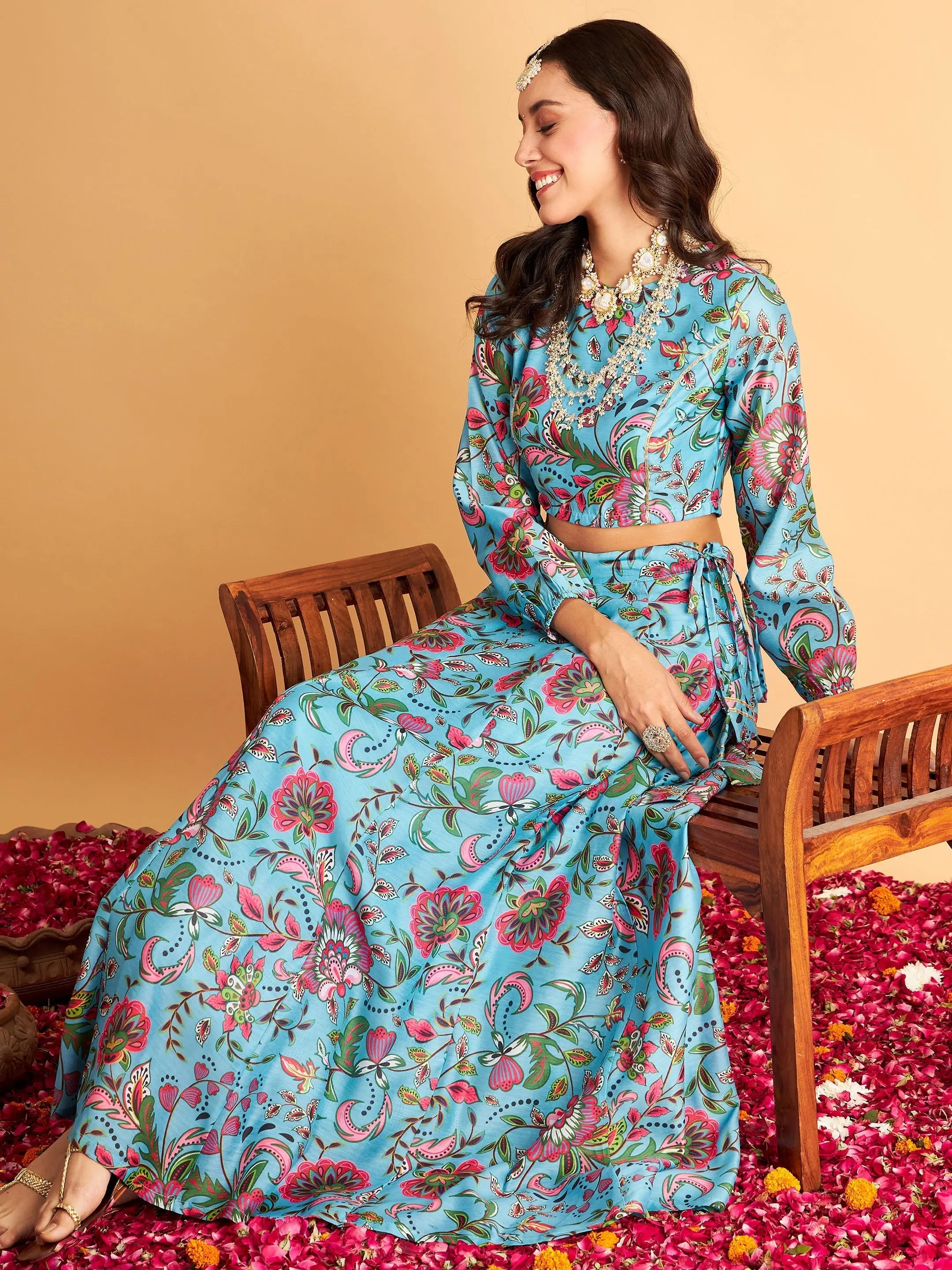 Women Blue Floral Anarkali Skirt With Crop Top Fleece Nylon Spandex