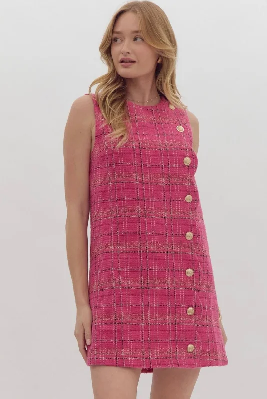 Hot Pink Tweed Dress Tunics Leisure comfortable