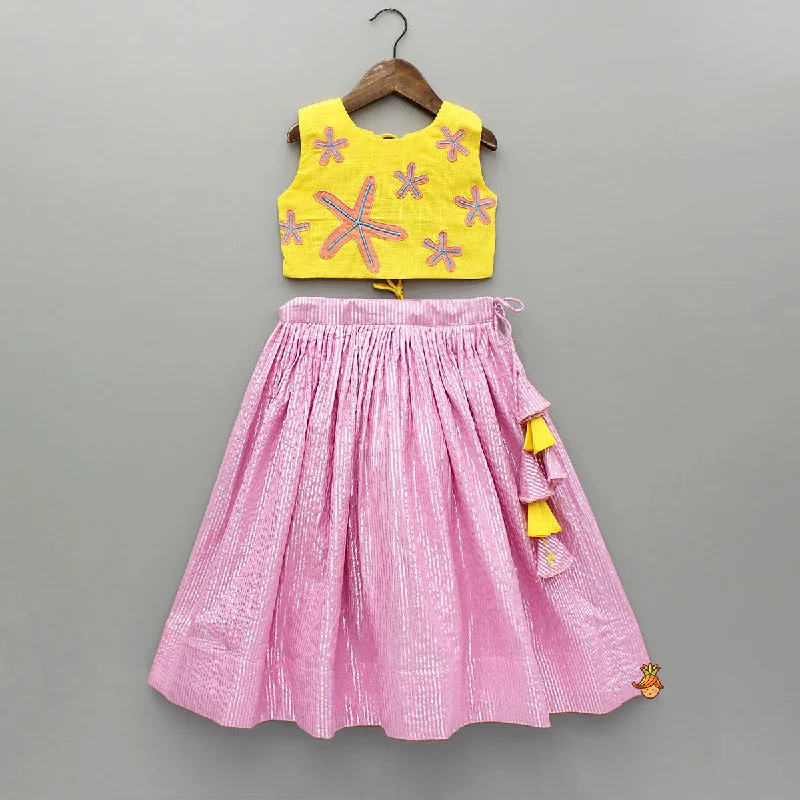 Pre Order: Yellow Thread Embroidered Crop Top And Pleated Lehenga Zippered Buttoned Snapped