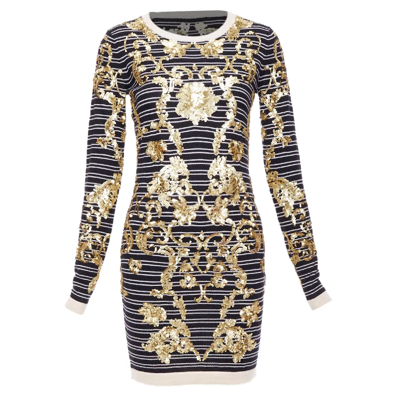 Markus Lupfer Sequins Merino Wool Striped Sweater Dress Seamless Knitted Crochet