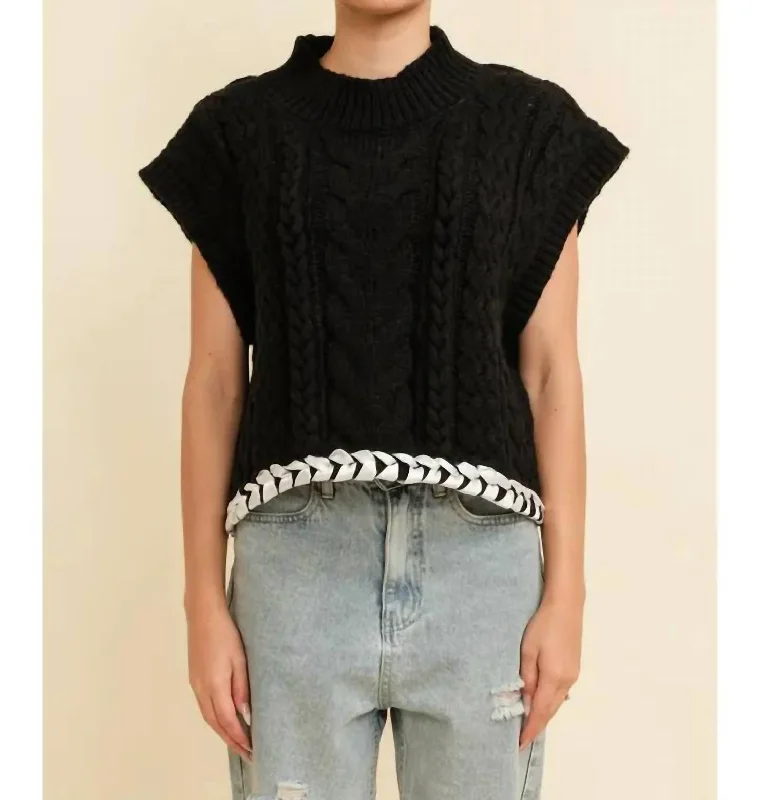 Cable Knit Drop Shoulder Sweater In Black Real Fur Shearling Chenille