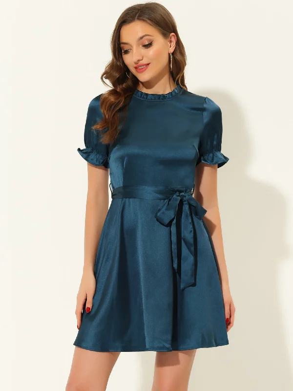 Summer Satin Short Sleeve Tie Waist Business Casual Dress Tunics Short Trendy