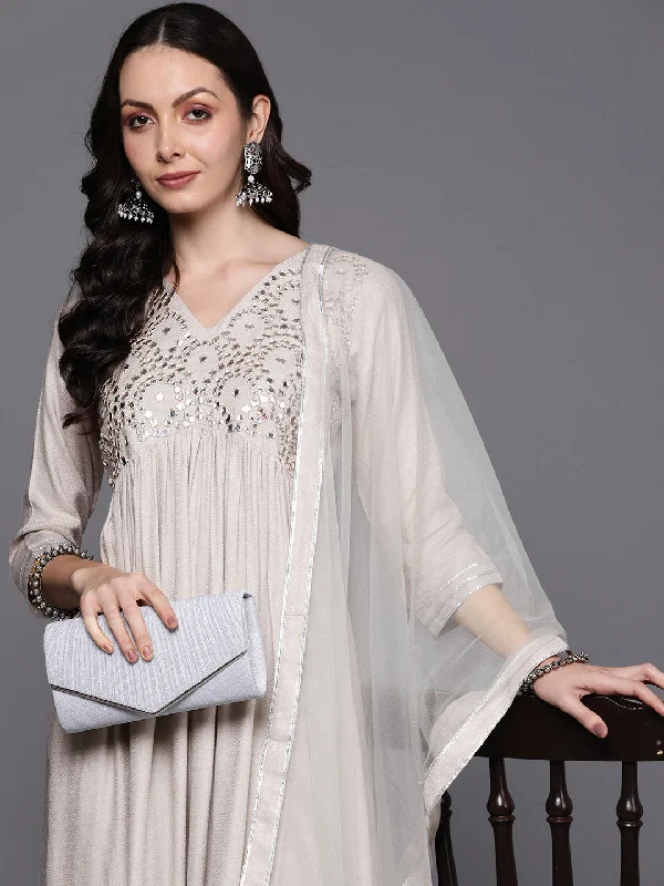 Women's Off White Embroidered A-Line Kurta Trousers With Dupatta  Set - Indo Era Trousers Seasonal Trendy