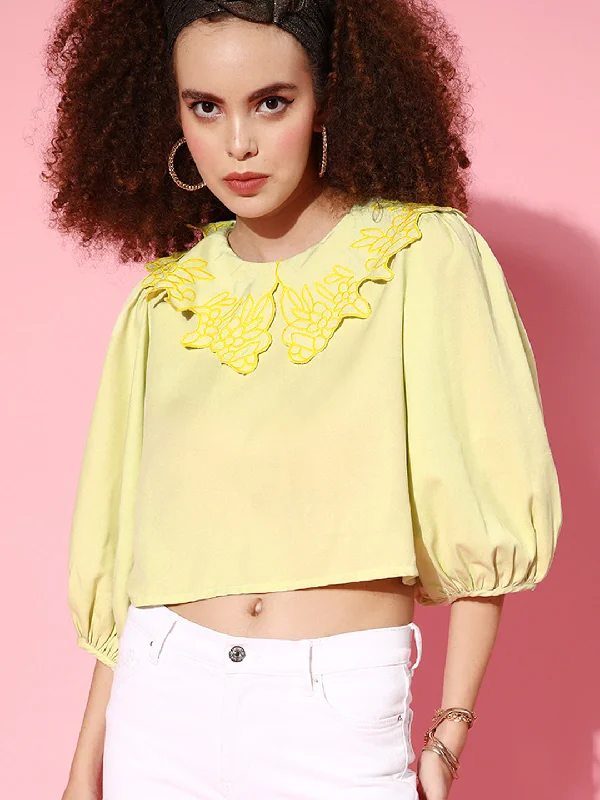 Women Mint Green Scallop Embroidered Broad Collar Crop Top Mesh Blend Leather Blend Suede Blend
