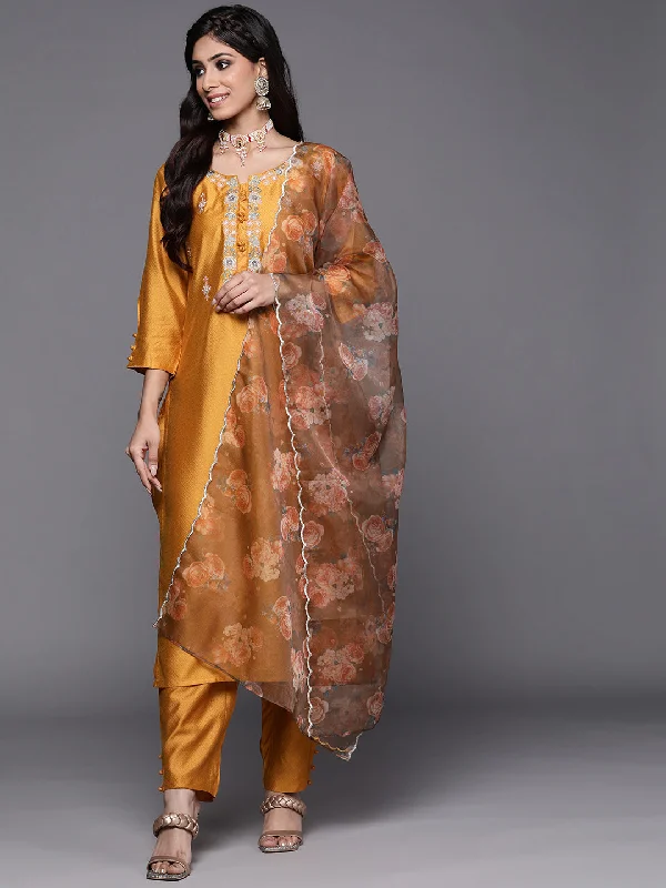 Women's Mustard Embroidered Straight Kurta Trousers With Dupatta Set - Indo Era Trousers Timeless Classic