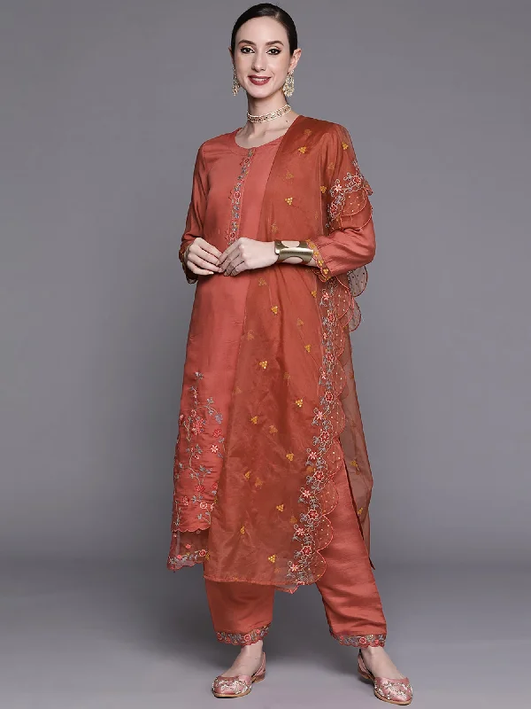 Women's Rust Embroidered Straight Kurta Trousers With Dupatta Set - Indo Era Trousers practical durable Women's Rust Embroidered Straight Kurta Trousers With Dupatta Set - Indo Era Trousers practical durable