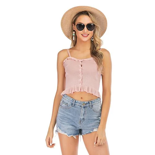 Sweet Pleated Ruffle Sleeveless Short Halter Women Top Tank white tank top