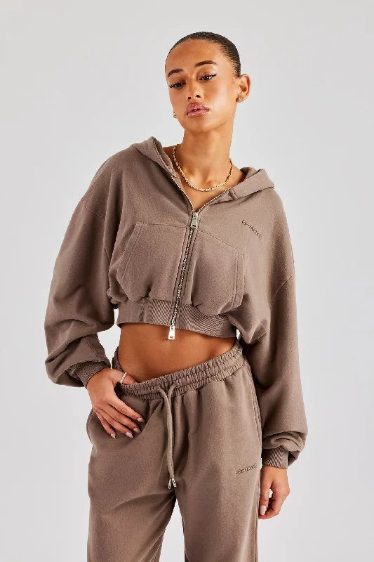 Cernucci Cropped Zip Through Hoodie - Taupe Hoodie with Illustration Artistic Creative