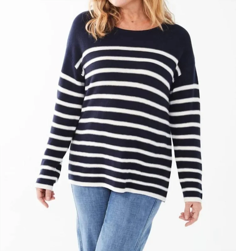 Long Sleeve Striped Sweater In Navy Stripe Layered Multi-layer Single Layer