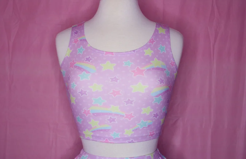 Starry Party Purple Crop Top [Made To Order] Elasticated Padded Insulated