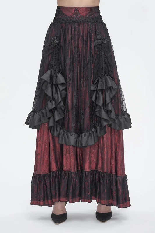 Black/Red Ruffle Lace Drawstring Women's Gothic Skirt patchwork skirt art
