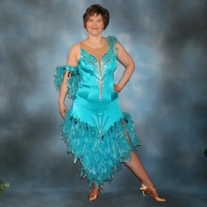 Turquoise Latin-Rhythm Dress with Feathers, Rhinestones & Spangles on Sale-Aiyana Tunics Favorite customer