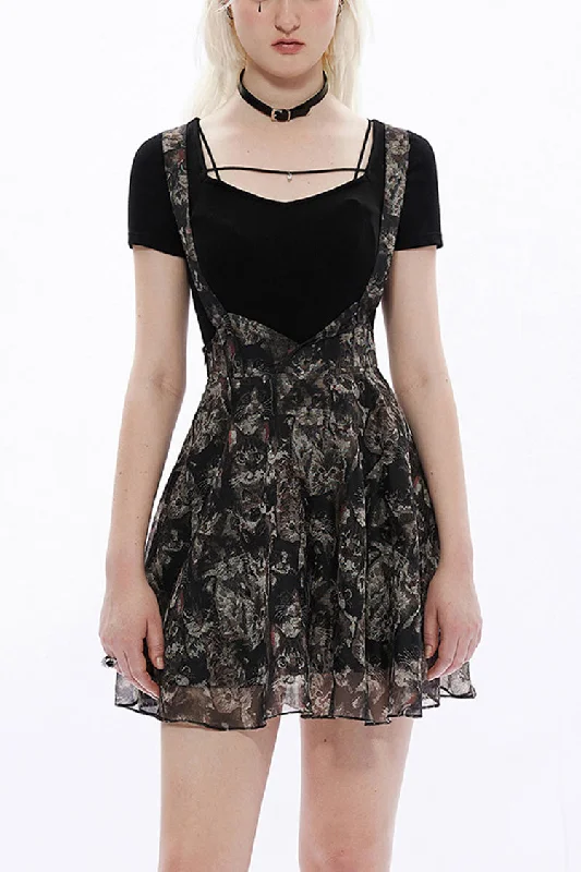 Black Super Cool Chiffon Lace Cat Print Straps Waist Low Cut A-Shaped Wide Hem Suspender Gothic Women's Skirt silk skirt sleek Black Super Cool Chiffon Lace Cat Print Straps Waist Low Cut A-Shaped Wide Hem Suspender Gothic Women's Skirt silk skirt sleek