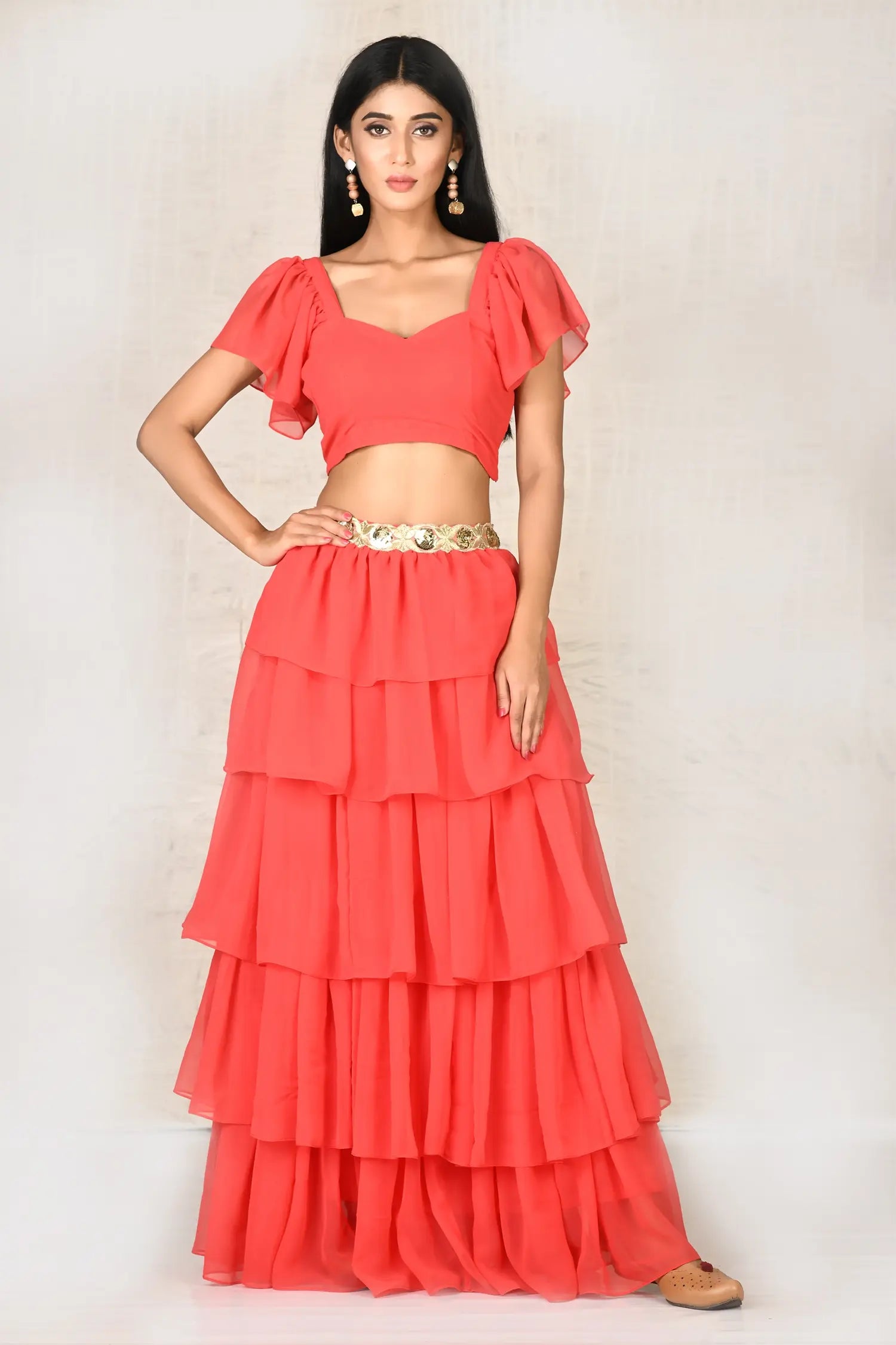 Red Crop Top Skirt Set Cashmere Blend Cotton Blend Poly Blend