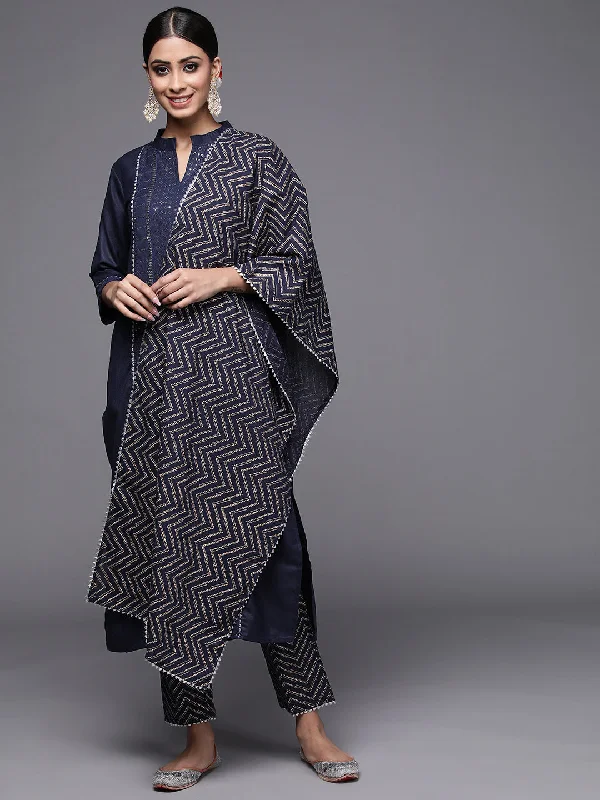Women's Navy Blue Sequinned Straight Kurta Trouser With Dupatta Set - Indo Era Trousers Modern Contemporary Women's Navy Blue Sequinned Straight Kurta Trouser With Dupatta Set - Indo Era Trousers Modern Contemporary