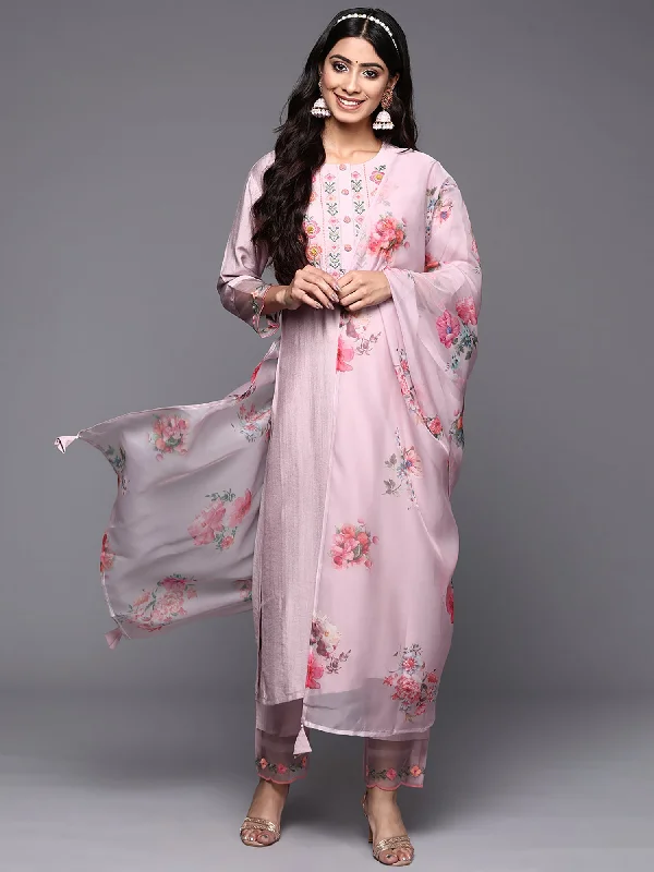 Women's Lavender Embroidered Straight Kurta Trousers With Dupatta Set - Indo Era Trousers Solid Black Women's Lavender Embroidered Straight Kurta Trousers With Dupatta Set - Indo Era Trousers Solid Black