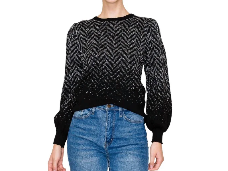 Chevron Pattern Balloon Sleeve Sweater In Black Sweater Knitwear Pullover