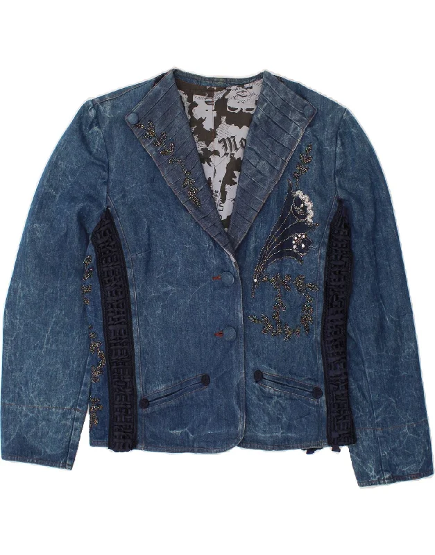 VINTAGE Womens Graphic Denim Jacket IT 44 Medium Blue Colourblock Zippered Jacket Buttoned Jacket Snapped Jacket