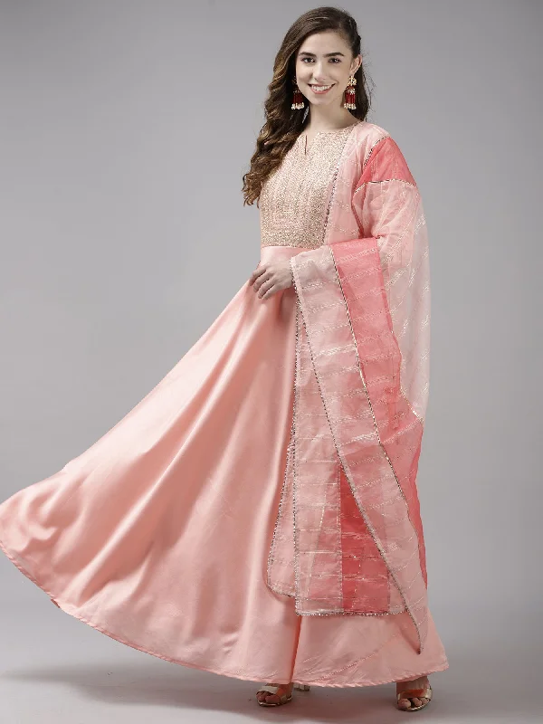 Women's Baby Pink Embroidered A-Line Kurta Trouser With Dupatta Set - Indo Era Trousers sophisticated sleek Women's Baby Pink Embroidered A-Line Kurta Trouser With Dupatta Set - Indo Era Trousers sophisticated sleek