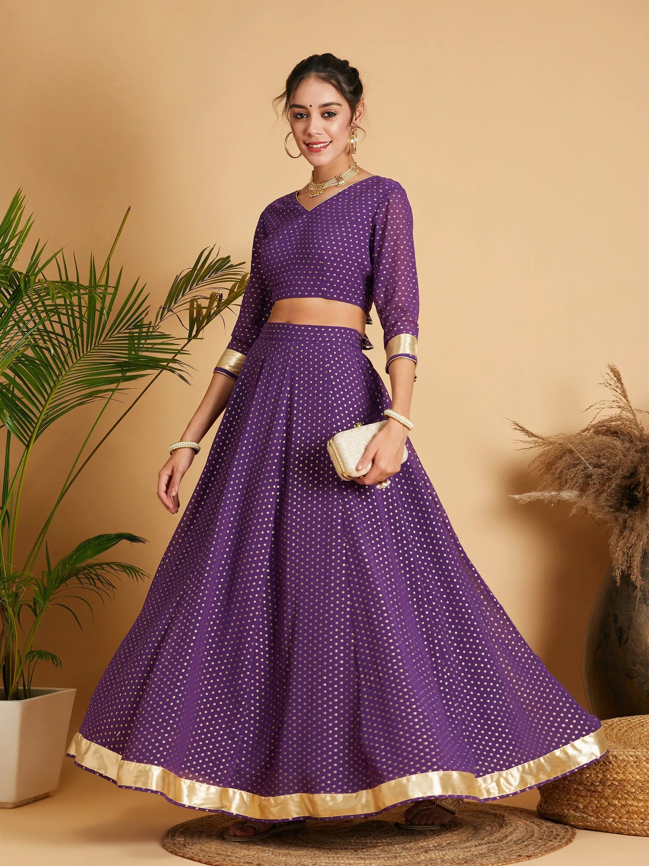 Women Purple Dot Foil Print Anarkali Skirt With Crop Top Elasticated Padded Insulated