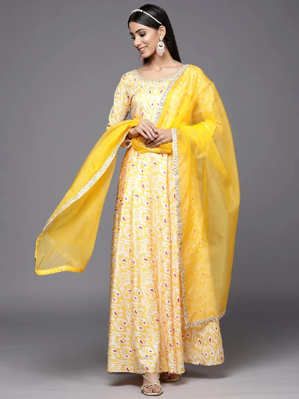 Women's Kesariya Yellow Printed A-Line Kurta Trouser With Dupatta Set - Indo Era Trousers luxurious high-end Women's Kesariya Yellow Printed A-Line Kurta Trouser With Dupatta Set - Indo Era Trousers luxurious high-end