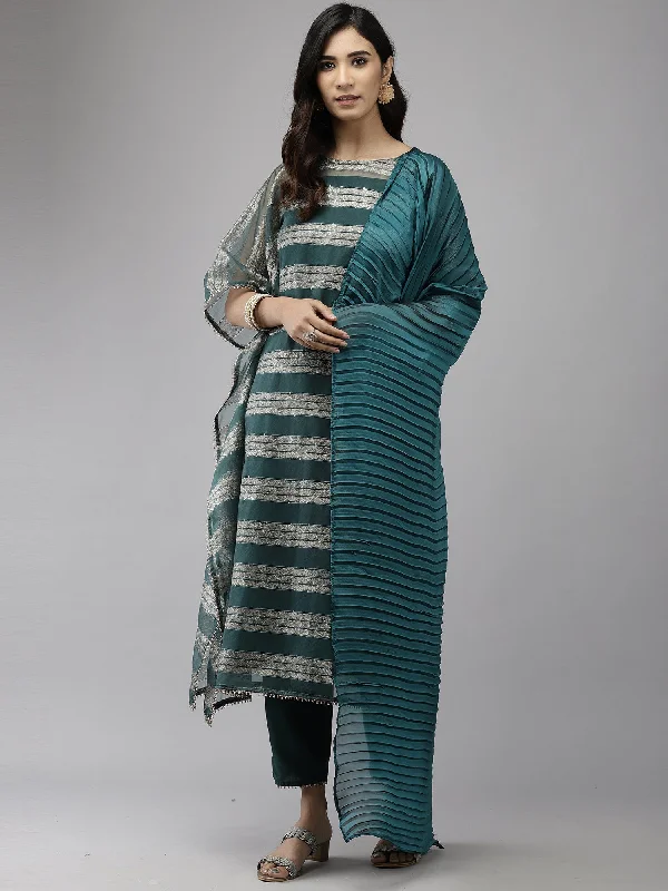 Women's Teal Straight Kaftan Trouser With Dupatta Set - Indo Era Trousers practical easy-care Women's Teal Straight Kaftan Trouser With Dupatta Set - Indo Era Trousers practical easy-care