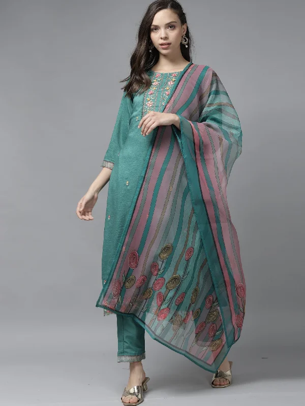 Women's Sea Green Floral Embroidered Straight Kurta Trouser With Dupatta Set - Indo Era Trousers Essential Wardrobe Women's Sea Green Floral Embroidered Straight Kurta Trouser With Dupatta Set - Indo Era Trousers Essential Wardrobe