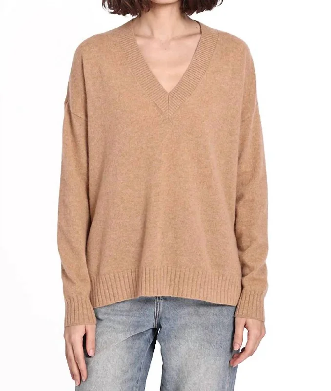 Cashmere Long And Lean V-Neck Sweater In Camel Satin Fabric Silk Fabric Chiffon Fabric
