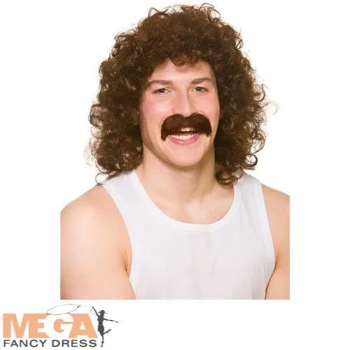 Men's Perm with Tash Wig 80s Fancy Dress Costume Accessory Set Tunics Travel practical