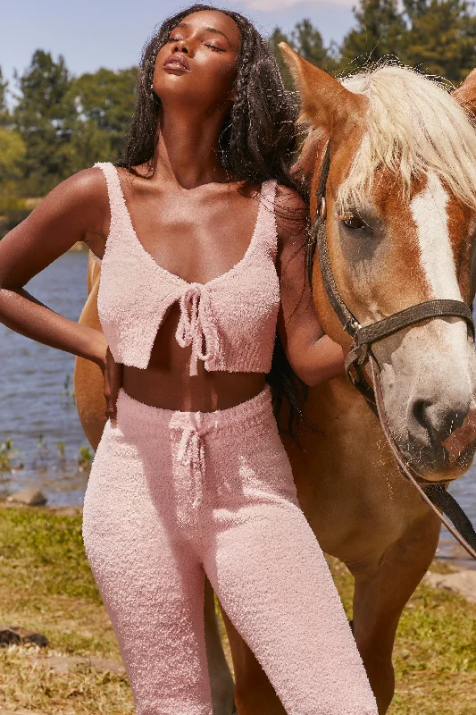 Cute Doing Nothing Cosy Tie Front Crop Top in Pink Notch Collar Peter Pan Collar Cowl Neck